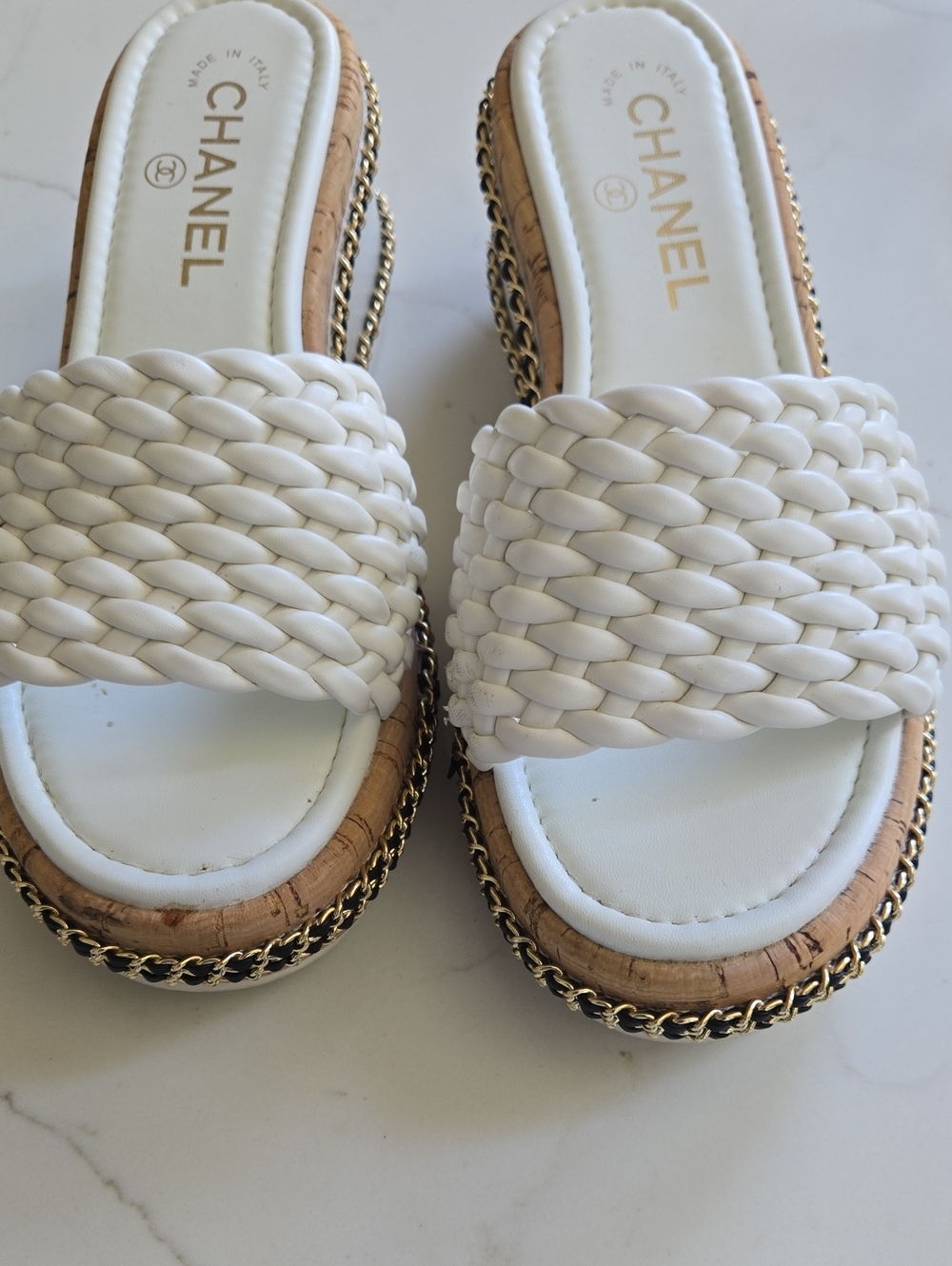 CHANEL White Braided Slide Mules with Gold Chain Trim